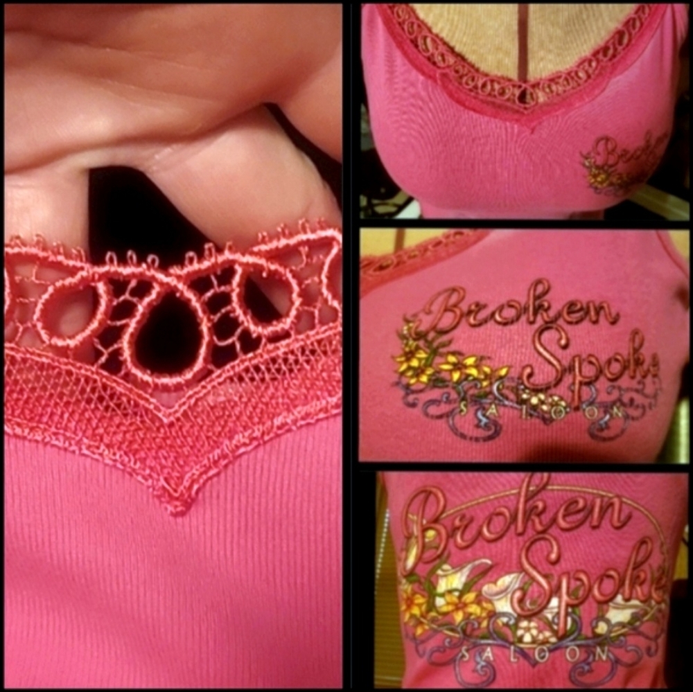 Vtg Y2K pink Broken Spoke saloon embroidered graphic cut out handkerchief tank M - Picture 5 of 17